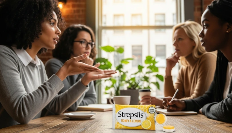Close-up of a Strepsils packet with bold text saying “Non-Medicated”
